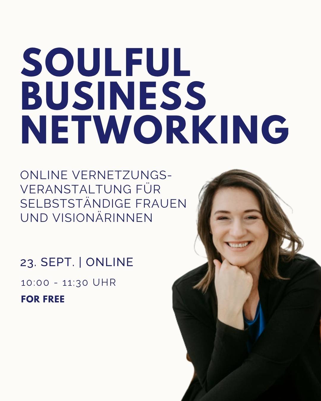 Soulful Business Networking als Überschrift, Sarah im Profil, lachend.